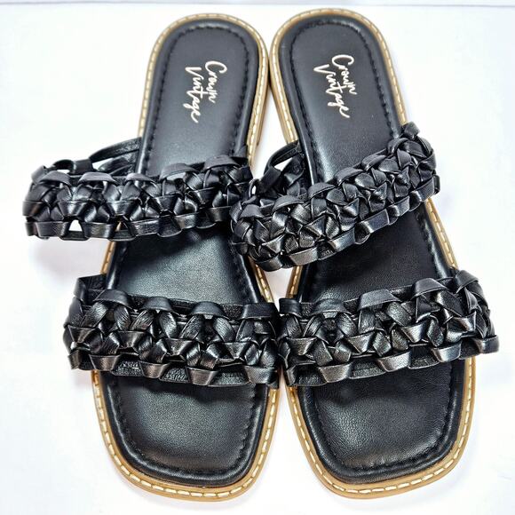 Crown Vintage OLEYA‎ Black Braided Leather Square Toe Slide Sandals Size 9M - Picture 2 of 8